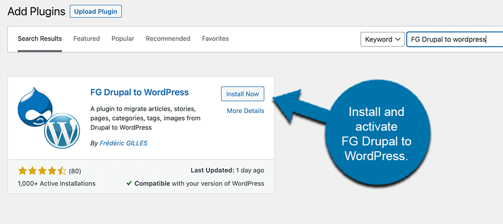 安装并激活 FG Drupal 到 WordPress 插件