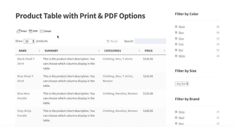 WooCommerce 产品表插件，可打印并保存为 PDF