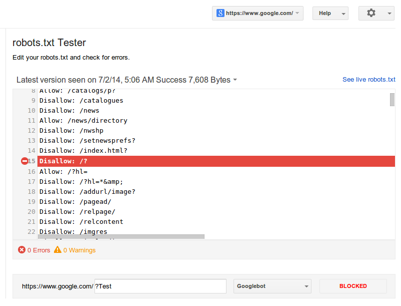 Google Webmaster Robots.txt 测试工具
