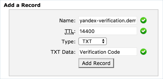 添加 Yandex 验证 DNS 条目
