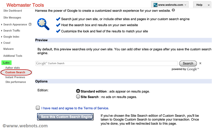 Google 网站管理员工具中的自定义搜索