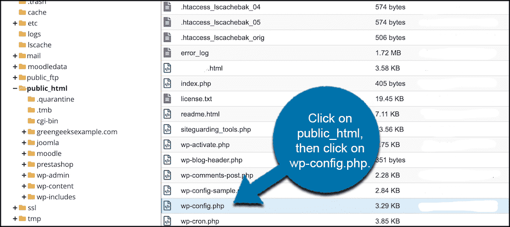 单击 pblic html 文件夹，然后单击 wp 配置文件