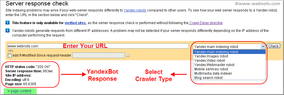 Yandex 网站管理员工具中的服务器响应检查