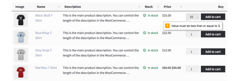WooCommerce 最小最大数量产品表