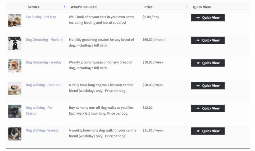 WooCommerce-带有订阅插件的产品表快速查看服务