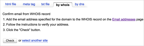 使用 WHOIS 电子邮件进行 Yandex 站点验证