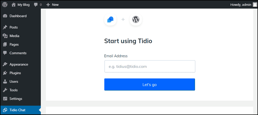 Tidio WordPress 插件输入您的电子邮件地址