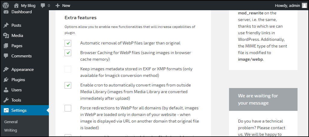 WebP Converter for Media 插件配置额外功能