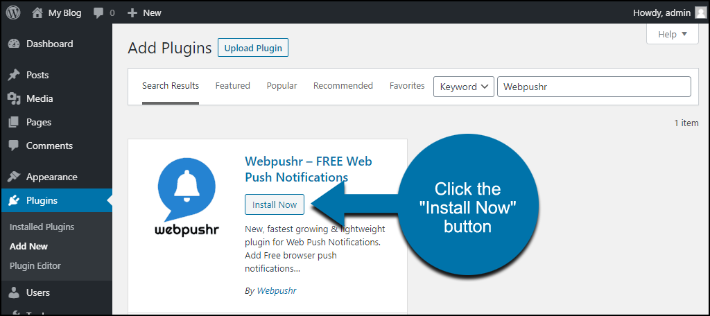 点击安装 WordPress Webpushr 插件