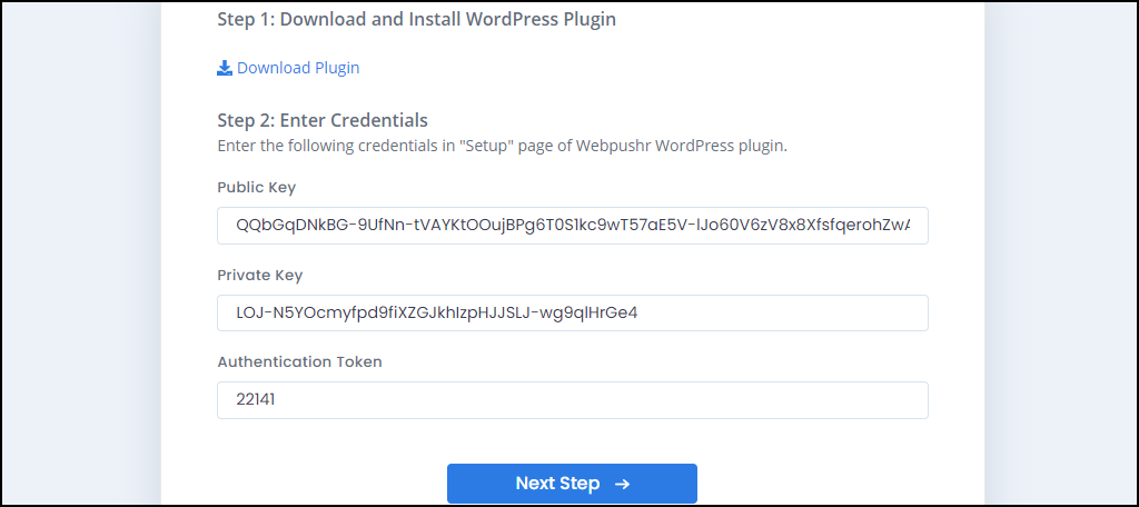Webpushr WordPress 插件密钥和令牌
