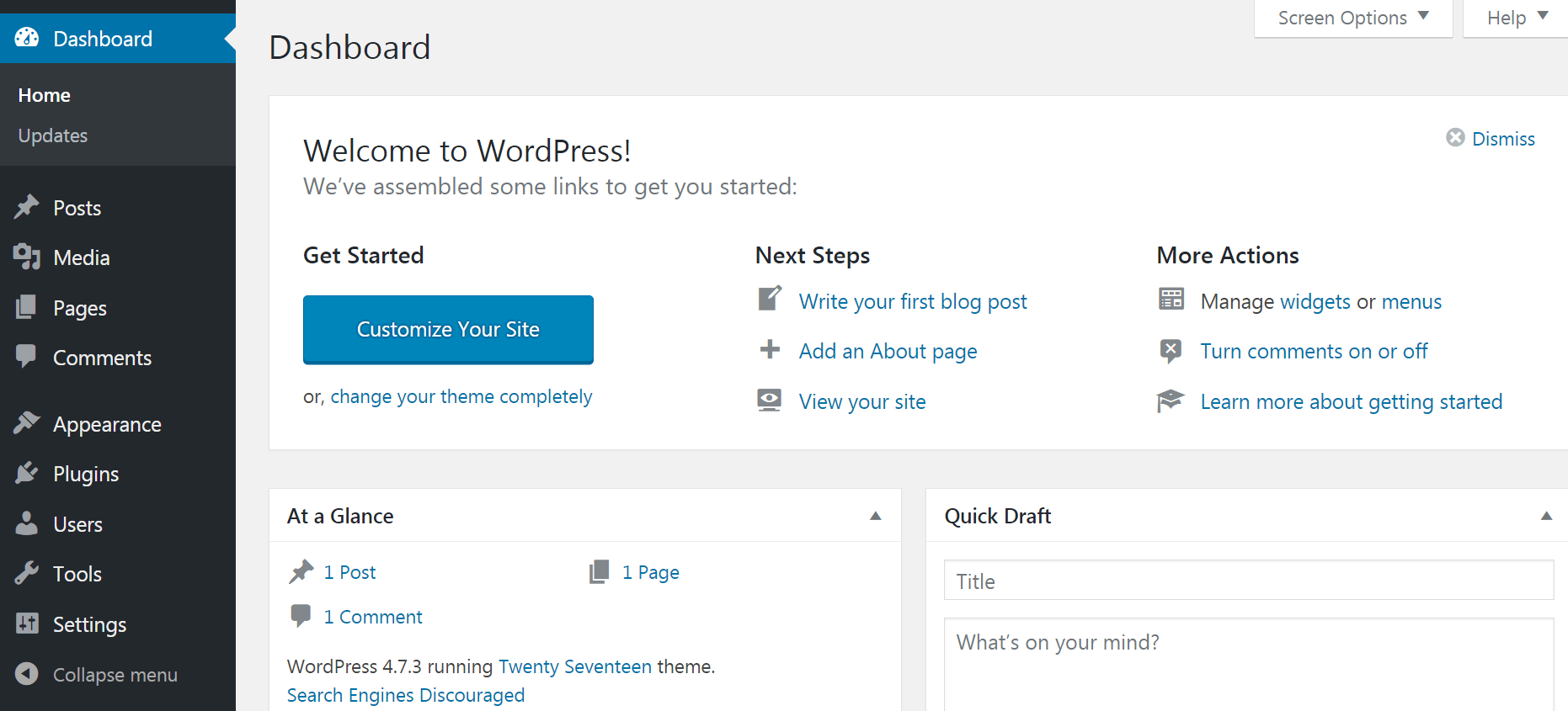 WordPress 仪表板。