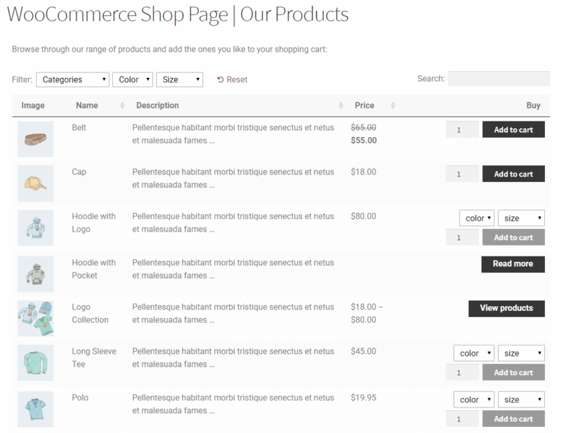 WooCommerce 产品表，前端有简短描述