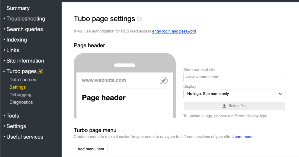 Yandex 中的 Turbo 页面设置