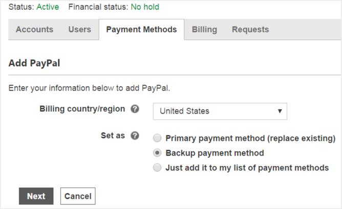 Bing Ads 中的 PayPal 付款方式添加