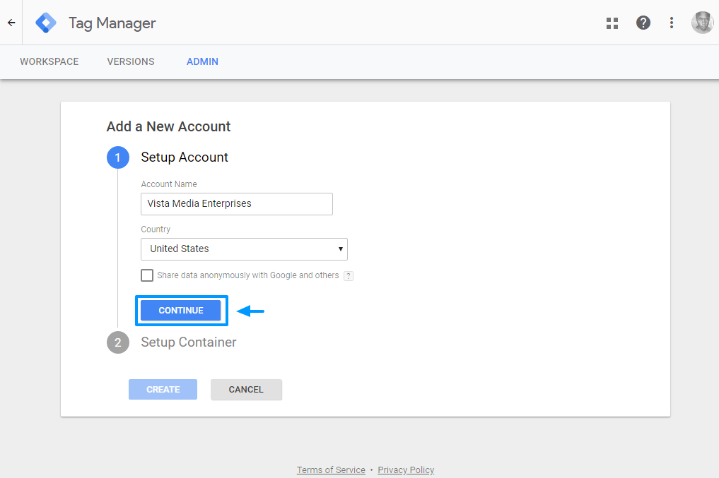 创建新的谷歌标签管理器帐户